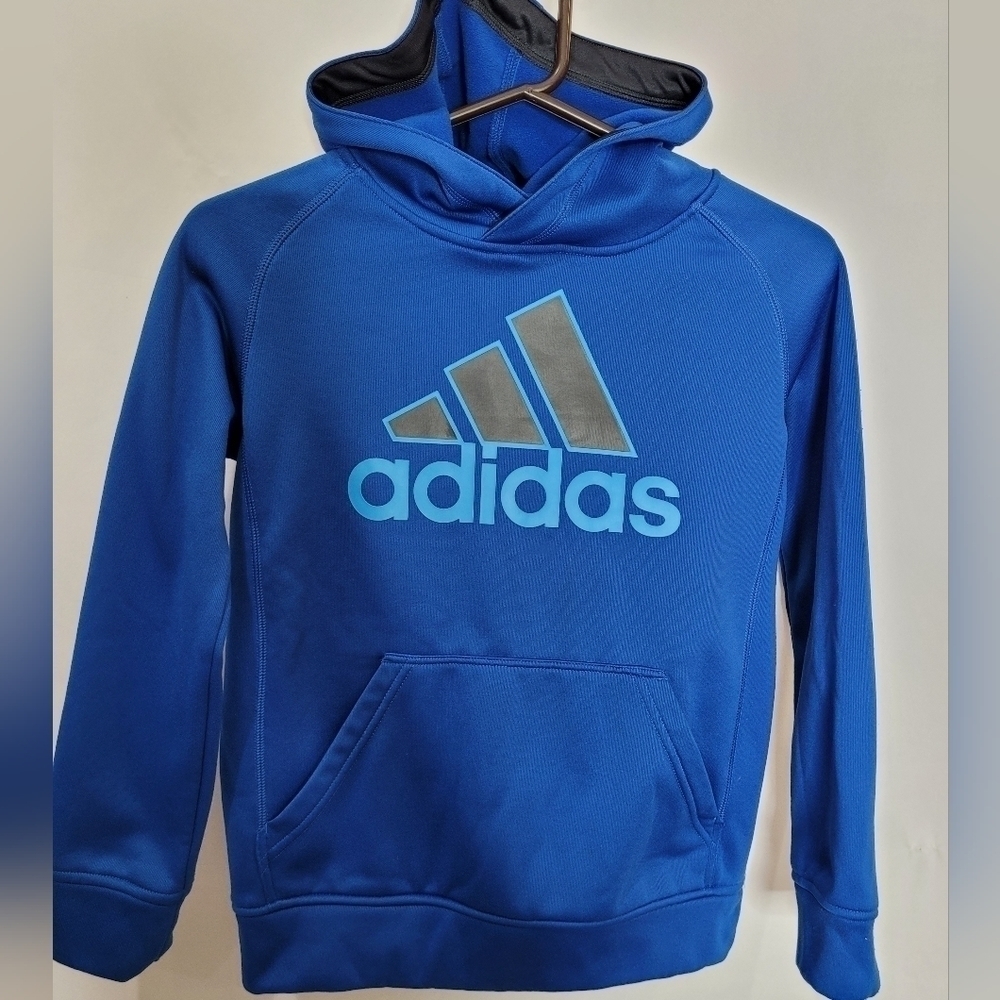 Two Adidas Boys Hooded Sweatshirt Pullovers Blue is Size 8 / Gray is Size 10/12